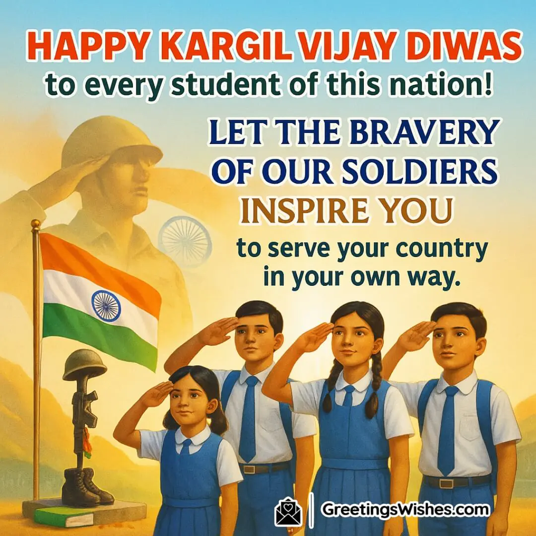 Kargil Vijay Diwas image featuring Indian students with the flag and soldier tribute, symbolizing youth inspired by patriotism and national service.