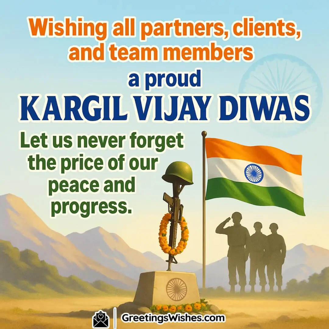 Kargil Vijay Diwas image featuring a memorial and soldier silhouettes with national flag, symbolizing remembrance and the cost of peace and progress.