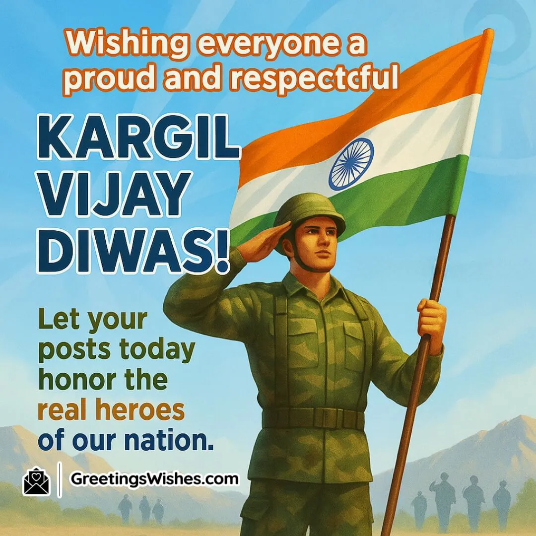 Kargil Vijay Diwas image featuring an Indian soldier raising the flag with bright sky and hills, symbolizing national pride and honoring real heroes on social media.