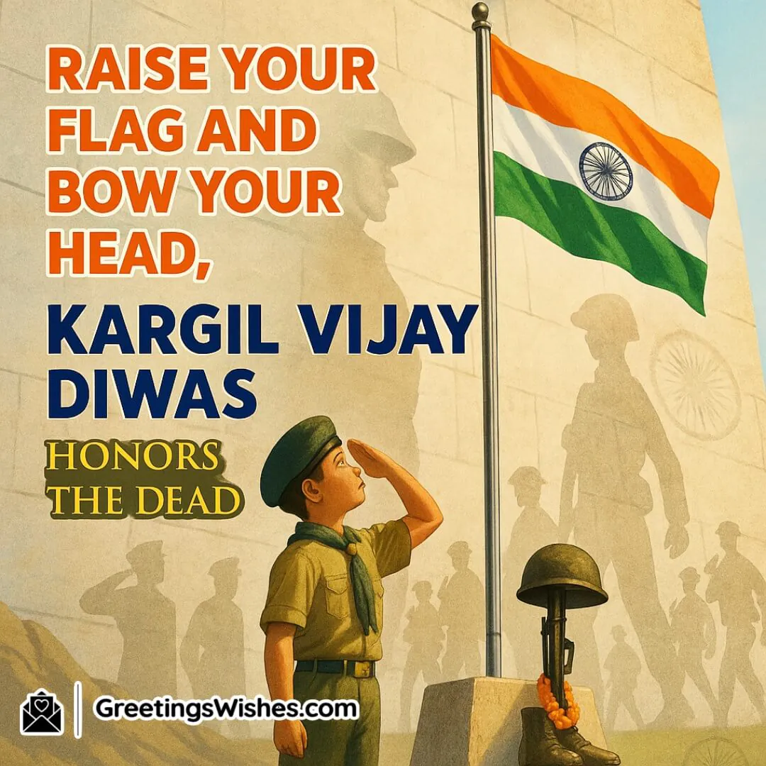 Kargil Vijay Diwas image featuring a young cadet raising the flag before a soldier memorial wall, symbolizing intergenerational respect and tribute to the fallen.