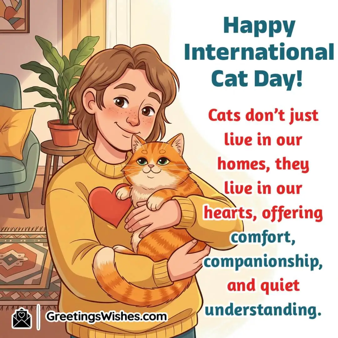 Emotional And Heartfelt Cat Day Messages Image featuring a person gently holding a cat near to chest in a cozy home corner, symbolizing emotional connection, understanding, and deep companionship.