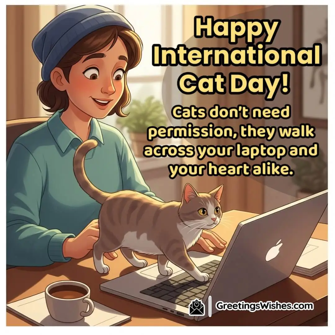 Funny International Cat Day Quotes And Sayings Image featuring a cat confidently walking across a laptop while a person watches with a smile, symbolizing the playful bond and uninvited affection cats bring into our lives.