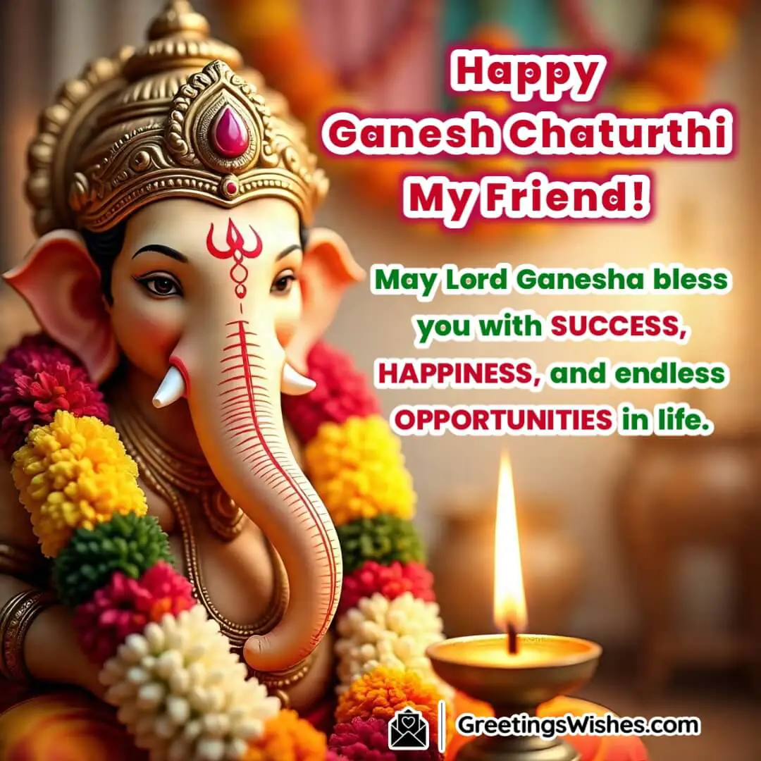 Happy Ganesh Chaturthi image featuring Lord Ganesha in a vibrant pandal with open eyes, symbolizing success, joy, and divine blessings.
