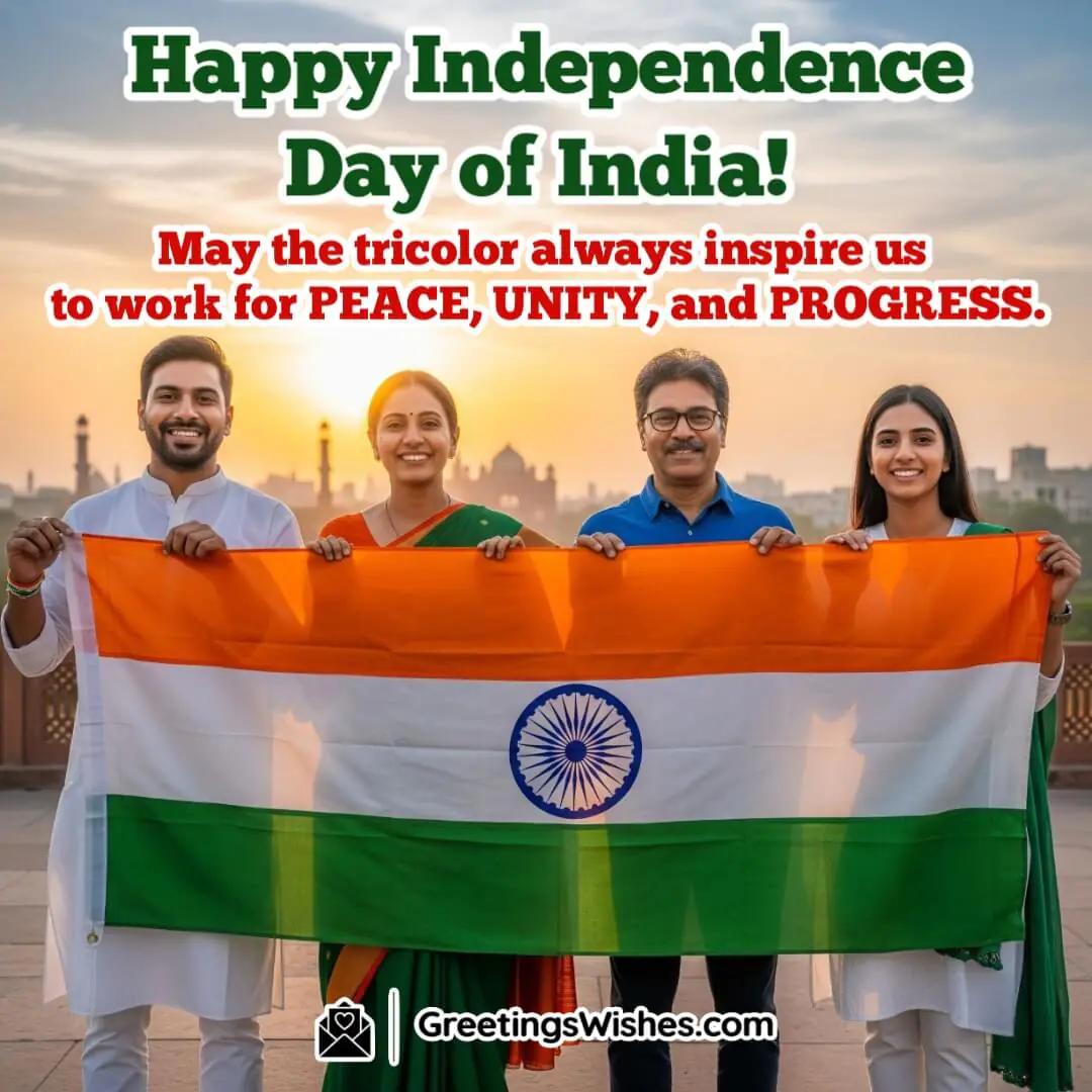 Happy Independence Day Of India image featuring people holding the tricolor flag in saffron white and green symbolizing patriotism and national pride.