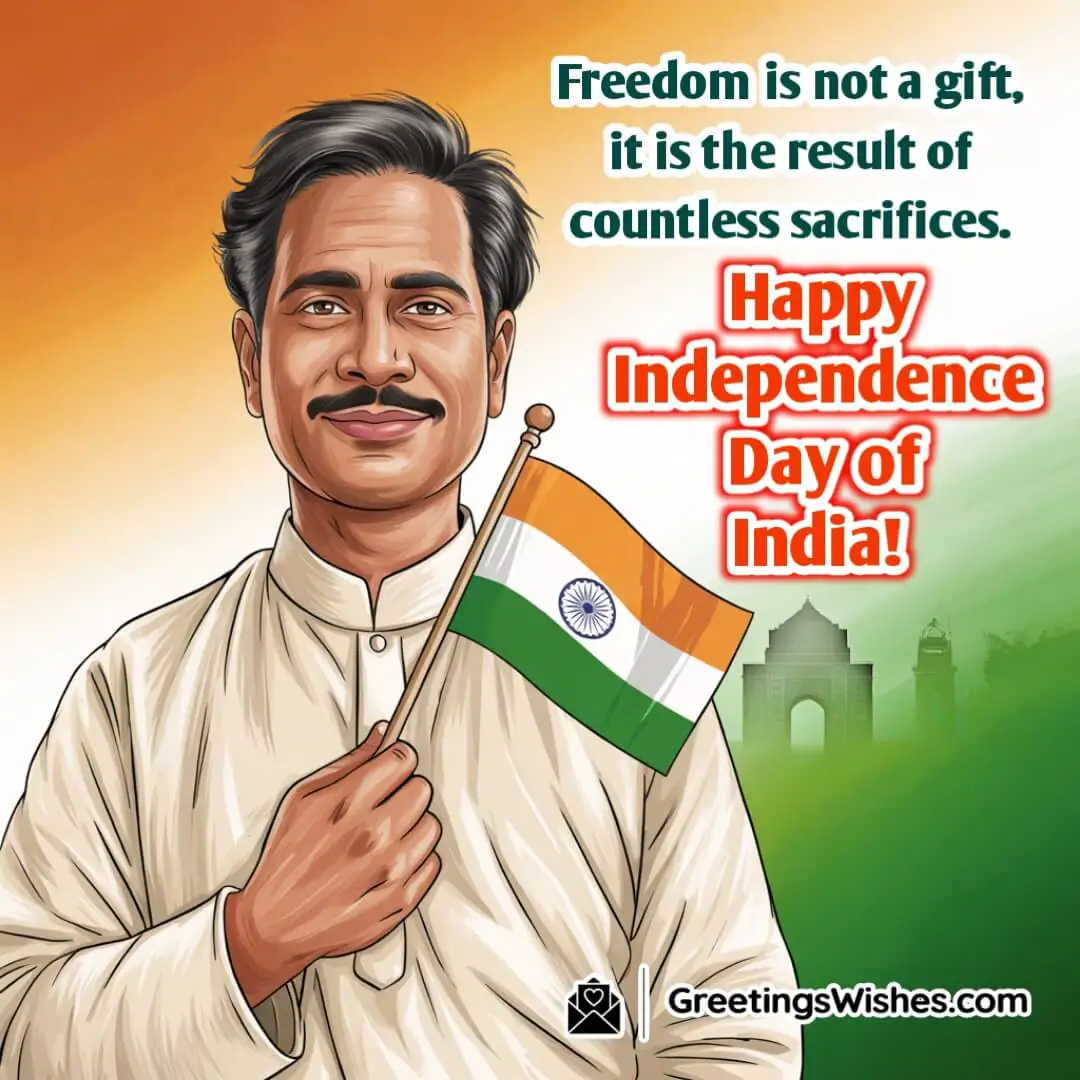 Happy Independence Day Of India image featuring a person holding the national flag close to their chest in front of a historical monument symbolizing sacrifice and freedom.