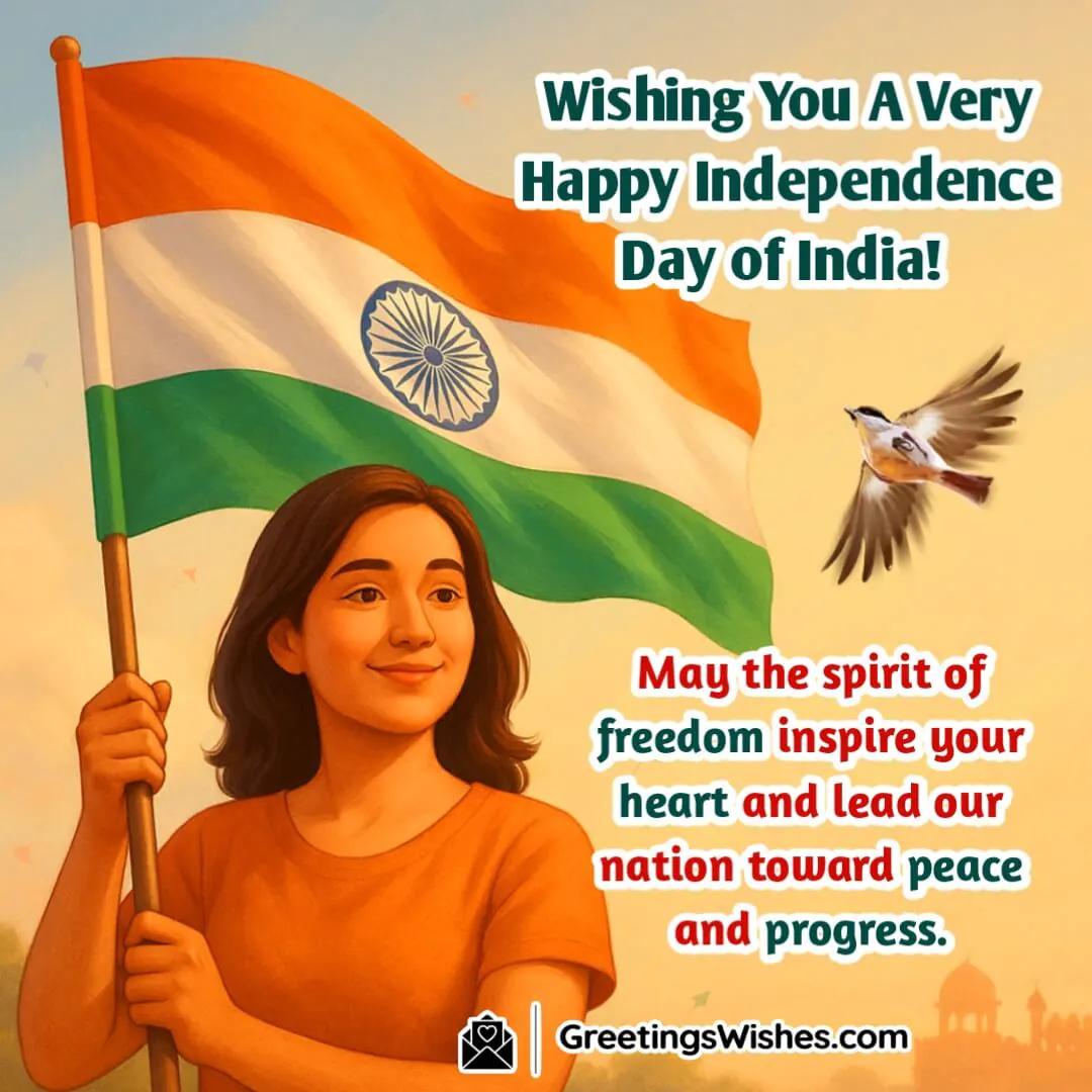 Happy Independence Day Of India image featuring a person proudly holding the Indian flag near a monument under a warm daylight sky symbolizing freedom unity and progress.