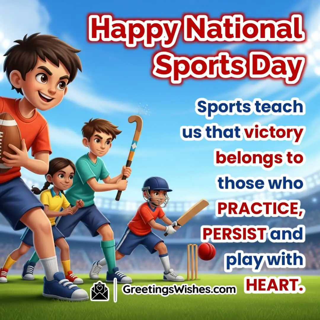 National Sports Day image featuring determined players practicing with focus on a stadium ground symbolizing persistence practice and heartfelt effort.