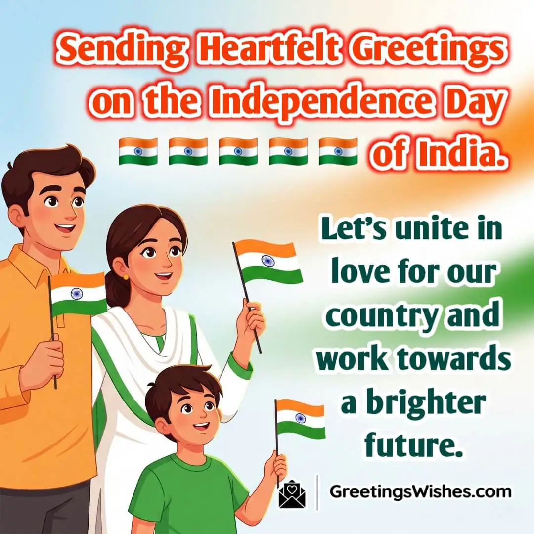 Independence Day Of India Greeting featuring a group of people standing together holding small Indian flags with warm sunlight symbolizing unity love and hope for the future.