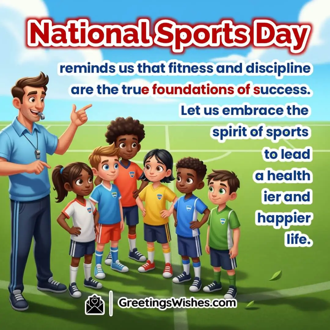 National Sports Day image featuring a coach guiding players in training on a field symbolizing discipline fitness and the foundation of success.