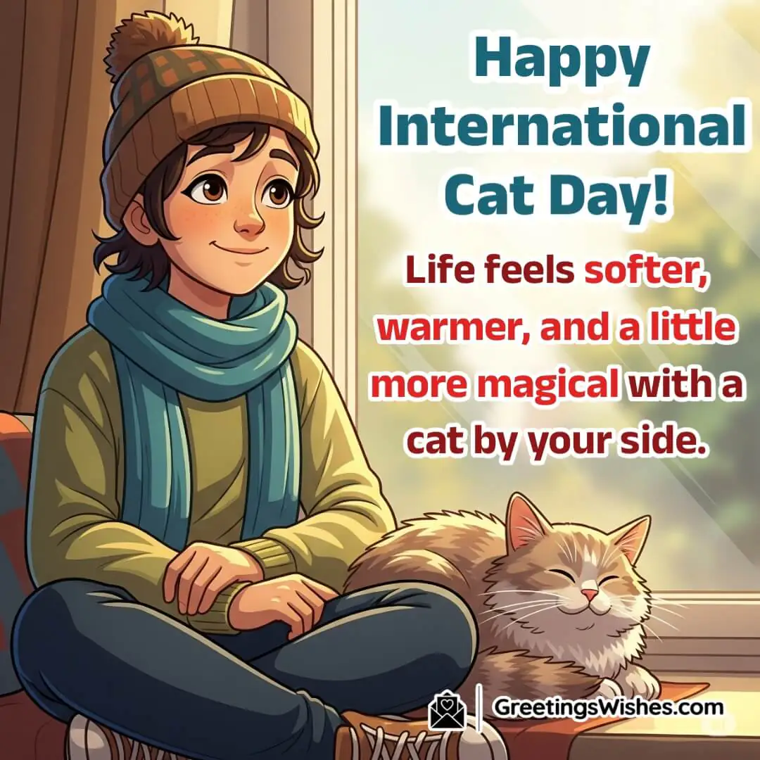 Short Cat Captions And One Liners For Social Media Image featuring a person sitting beside a calm cat near a softly sunlit window, symbolizing comfort, warmth, and the quiet magic of feline companionship.