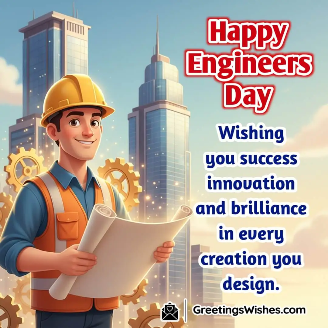 Engineers Day image featuring an engineer holding blueprints with gears bridges and buildings in the background symbolizing innovation success and creative design.