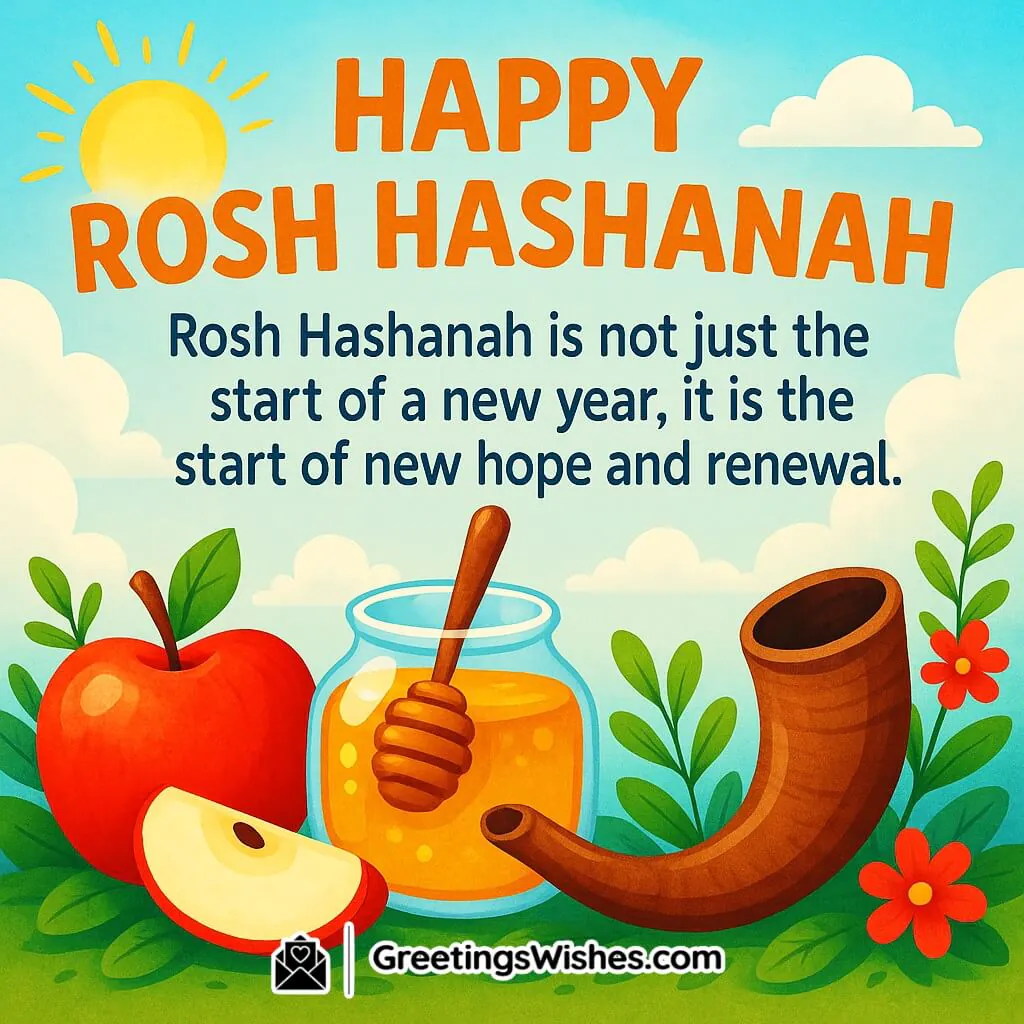 Happy Rosh Hashanah image featuring a bright sun, blue sky with clouds, an apple, honey jar with dipper, and shofar surrounded by green leaves and flowers, symbolizing new hope and renewal.