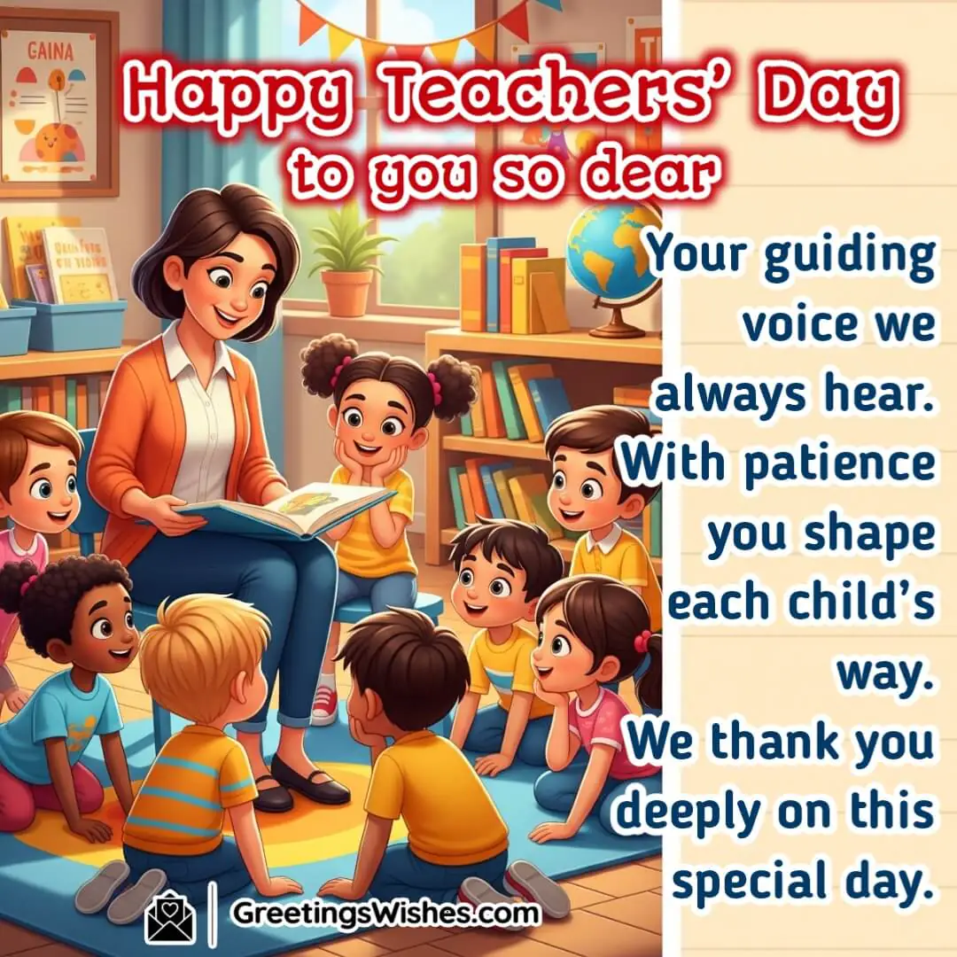 Teachers Day image featuring a teacher reading to young children gathered around symbolizing patience guidance and nurturing care.