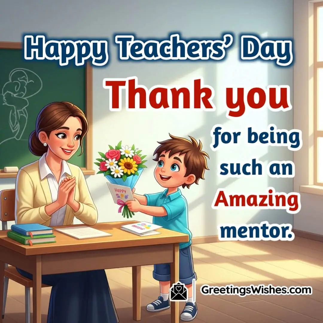 Teachers Day image featuring a student presenting flowers to a teacher at a desk with joyful expressions symbolizing mentorship appreciation and respect.