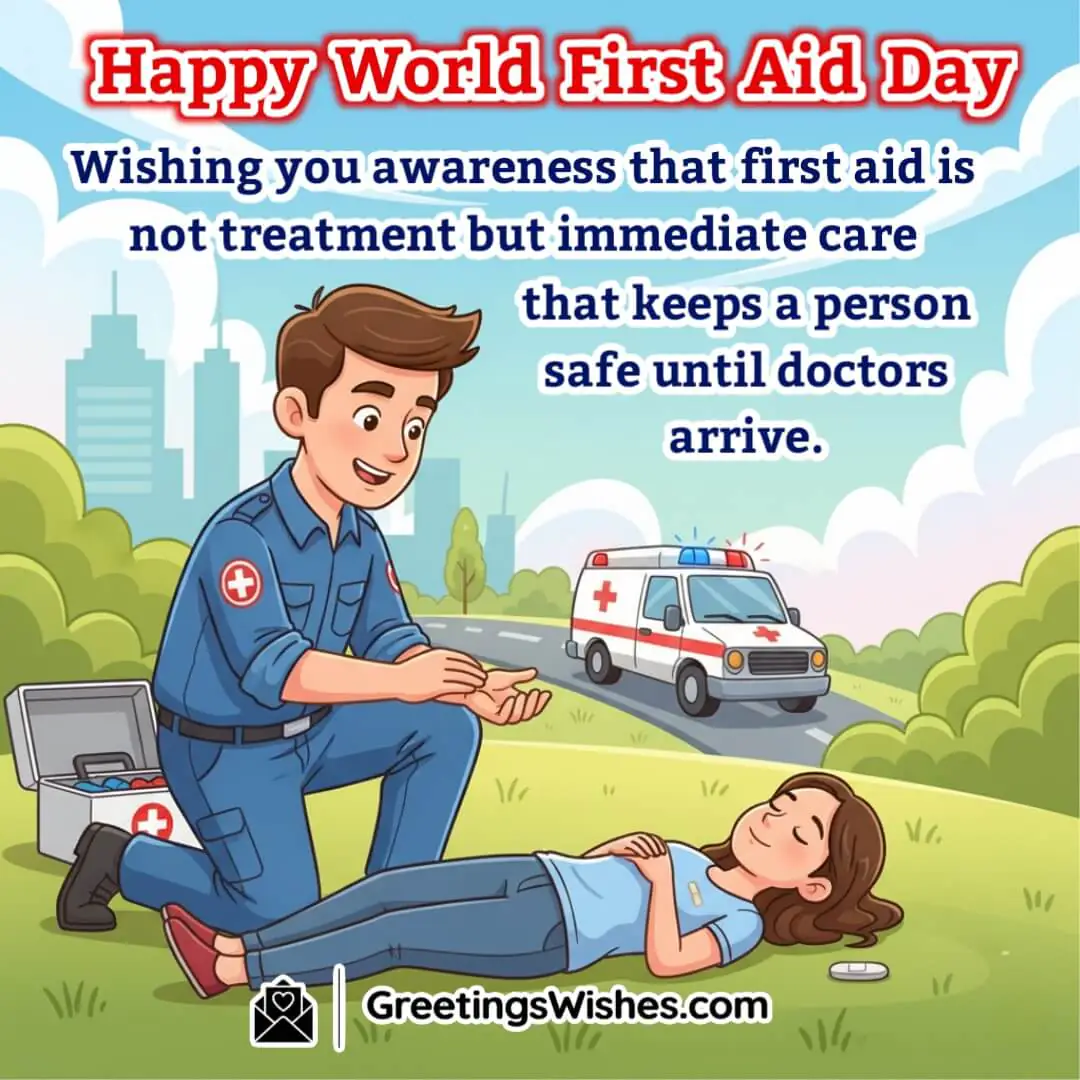 World First Aid Day image featuring a first responder providing basic care to an injured person before an ambulance arrives symbolizing immediate support and safety.