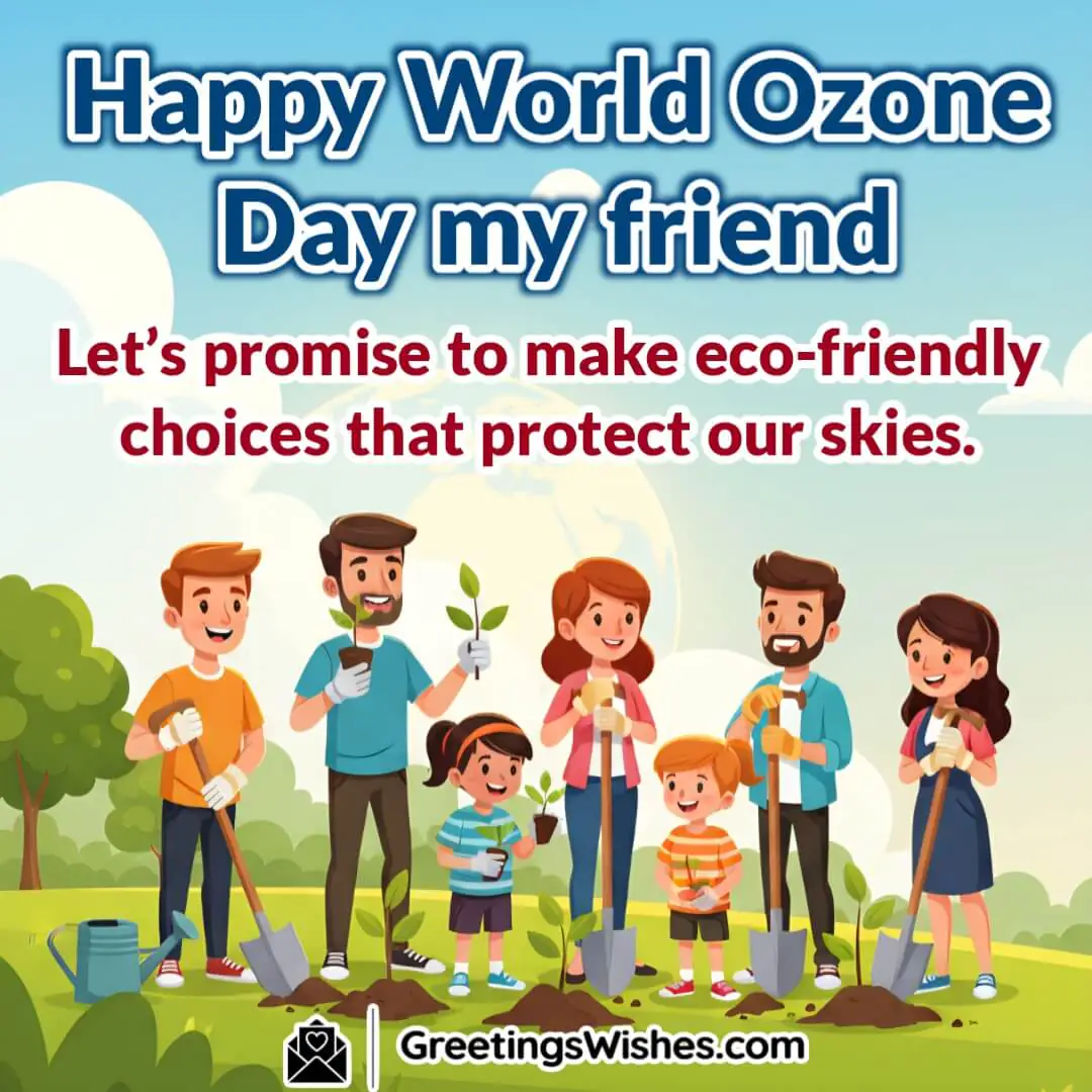 World Ozone Day image featuring friends planting trees under a bright blue sky with Earth glowing in the background symbolizing eco friendly choices and ozone protection.