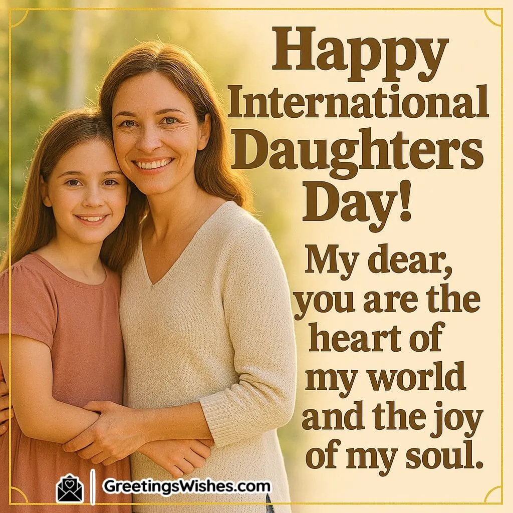 Happy International Daughters Day image featuring daughter hugging mother in soft light, symbolizing love, warmth, and emotional connection.