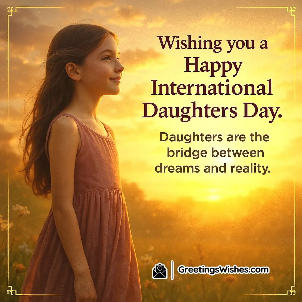 Happy International Daughters Day image featuring a dreamy girl at sunset looking toward sky, symbolizing daughters as a bridge between dreams and reality.