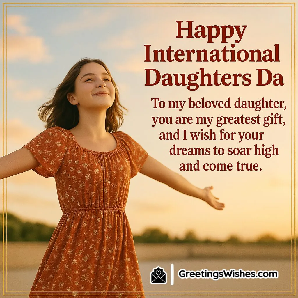 Happy International Daughters Day image featuring a girl with open arms looking to sky, symbolizing love, hope, and soaring dreams.