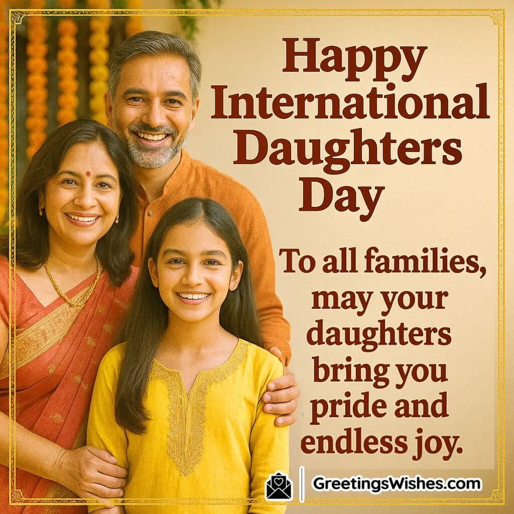 Happy International Daughters Day image featuring a joyful family with daughter, symbolizing pride, love, and happiness in family life.