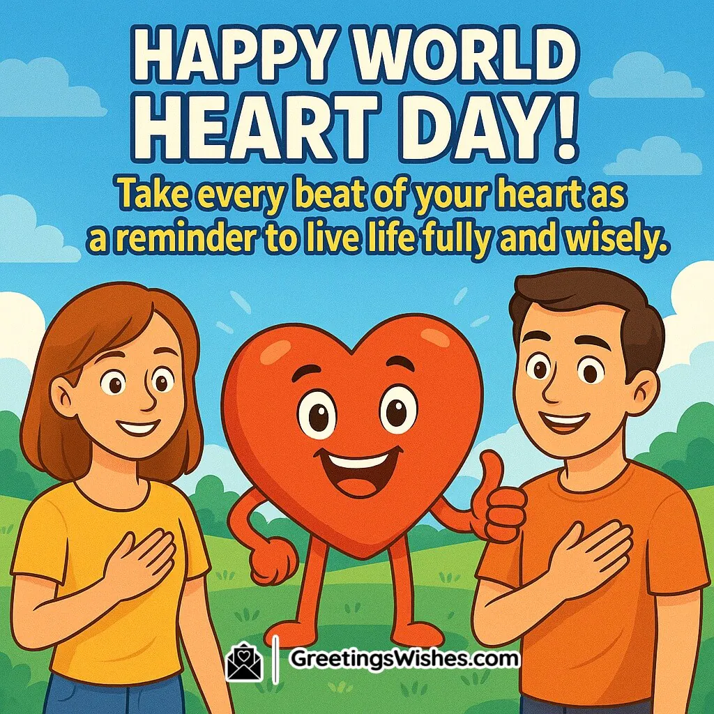 World Heart Day image featuring a cheerful red heart character standing between two smiling people with hands on their chest, symbolizing health, joy, and wise living.