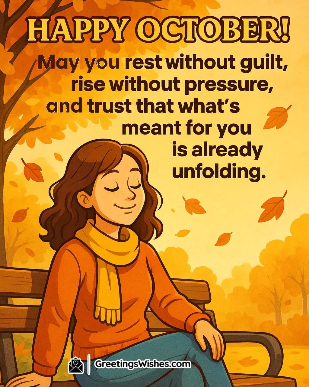 Happy October wish image featuring a cheerful young woman resting calmly on a bench under autumn trees with colorful falling leaves, symbolizing peace, positivity, and new beginnings.