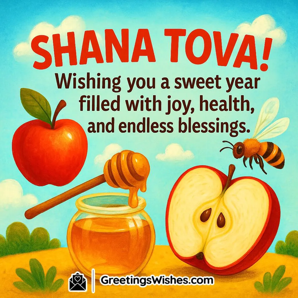 Shana Tova image featuring a bright red apple, honey jar with dipper, and a buzzing honeybee under a cheerful blue sky, symbolizing joy, health, and sweet blessings for the New Year.