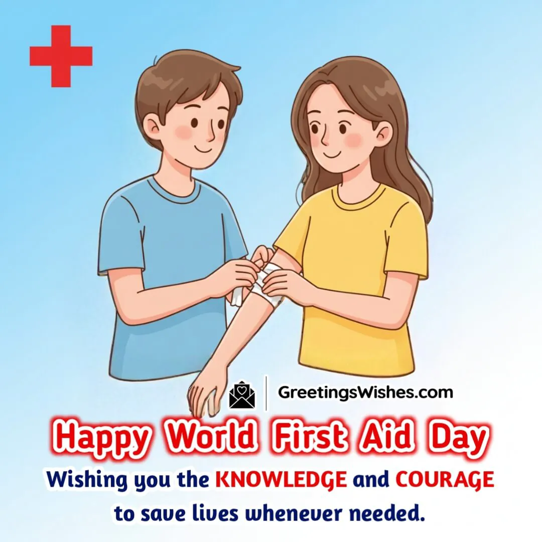 World First Aid Day image featuring hands applying a bandage with a red cross symbol in the background symbolizing compassion responsibility and human care.