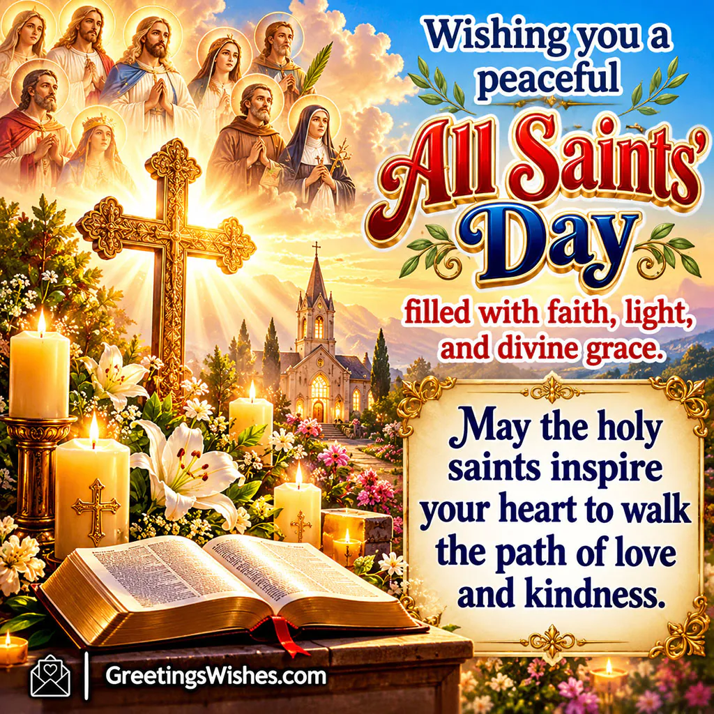 All Saints Day image featuring glowing candles and a radiant church interior with soft sunlight through stained glass, symbolizing faith, light, and divine grace.