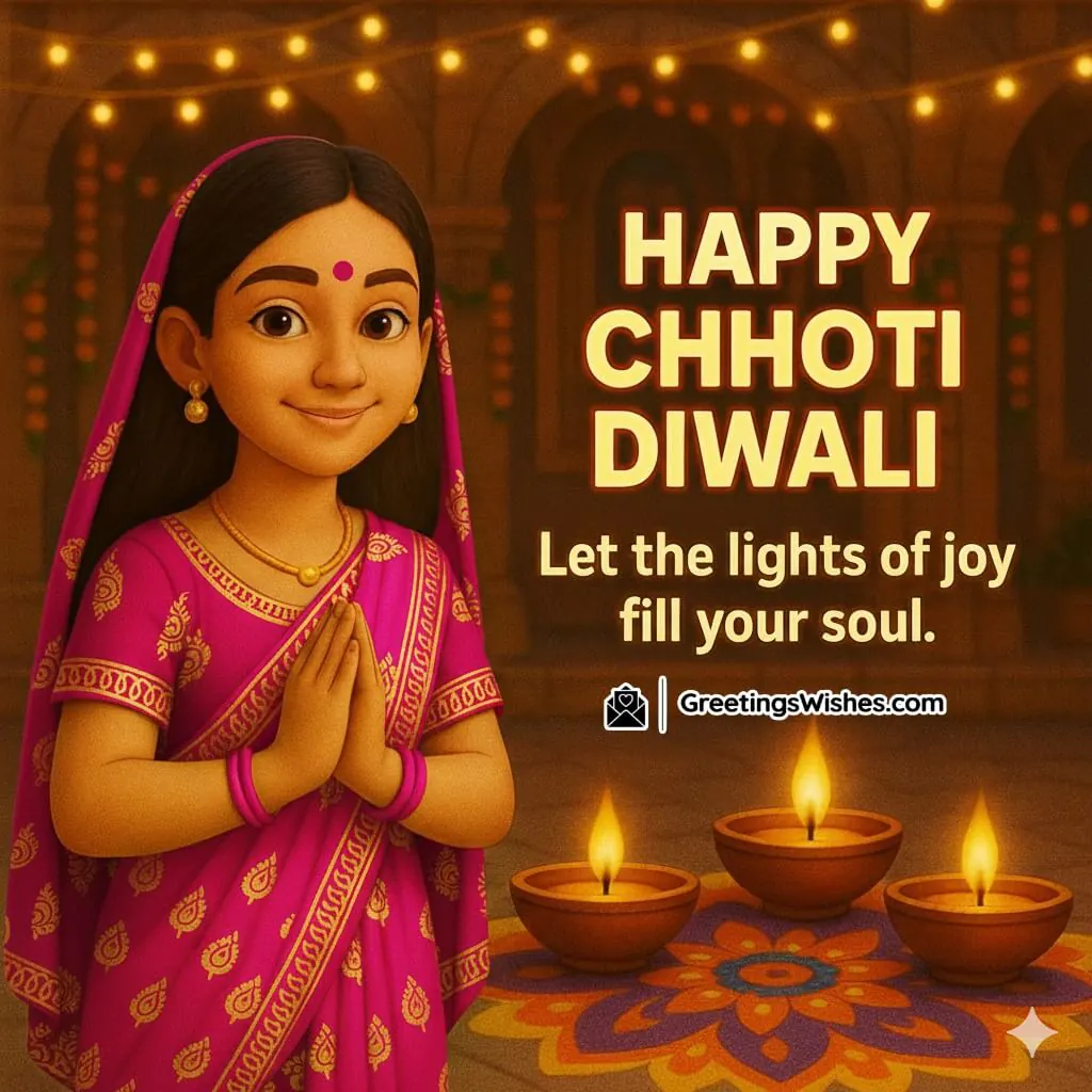 Happy Chhoti Diwali image featuring a woman in rich traditional attire lighting diyas in a bright morning courtyard decorated with marigold flowers and rangoli, symbolizing purity, light, and new beginnings.