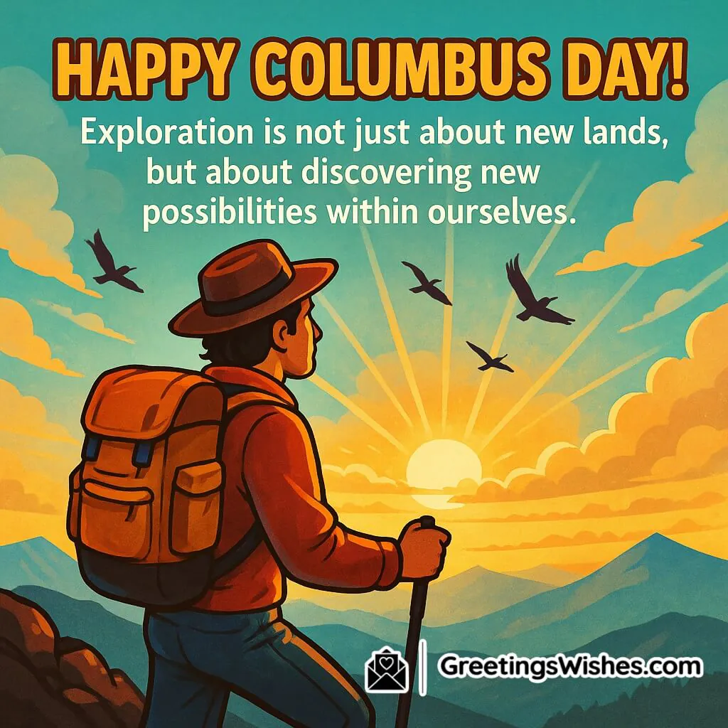 Happy Columbus Day image featuring a traveler on a mountain top watching the sunrise through clouds with birds flying in the sky, symbolizing self-discovery and inner exploration.