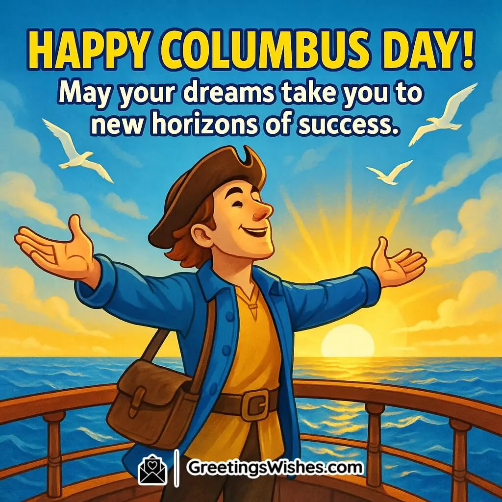 Happy Columbus Day image featuring a joyful explorer on a ship’s deck facing a golden sunrise with seagulls flying over the sea, symbolizing new horizons and success.