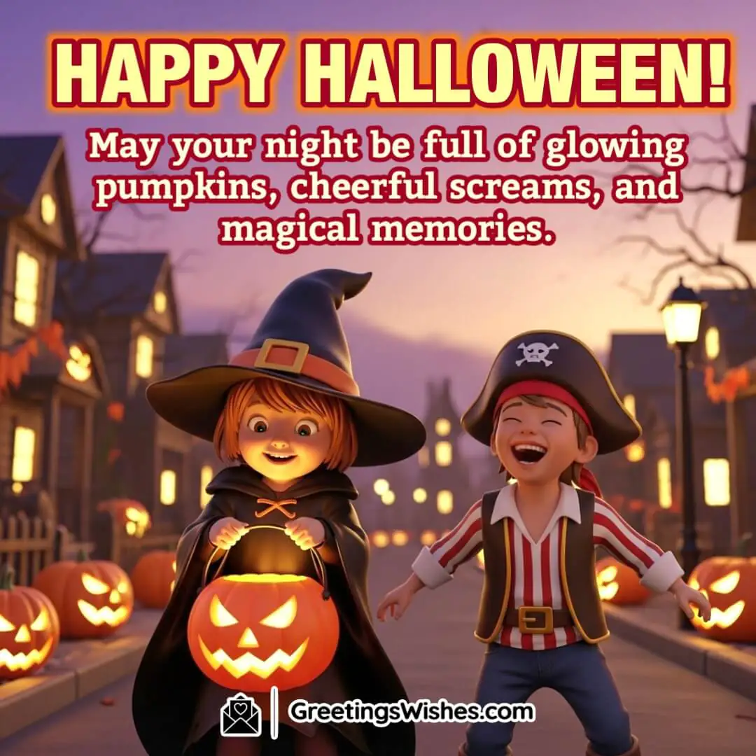 Happy Halloween Glowing Pumpkins and Magical Night Wish Image featuring two cheerful children in witch and pirate costumes holding bright pumpkin buckets on a festive street filled with lanterns and carved pumpkins, symbolizing a joyful night of fun and enchantment.