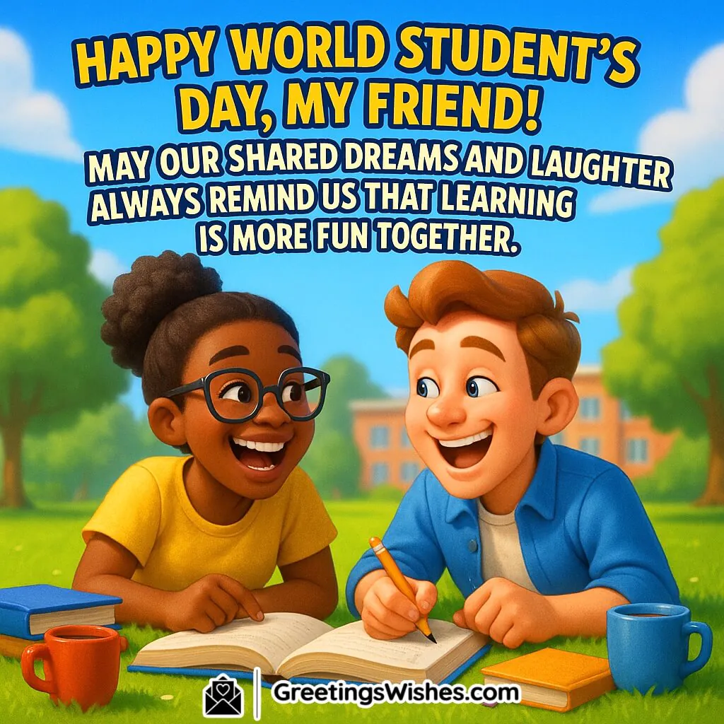 Happy World Student’s Day image featuring two friends laughing and studying together on a campus lawn under bright sunlight, symbolizing friendship, teamwork, and joyful learning.