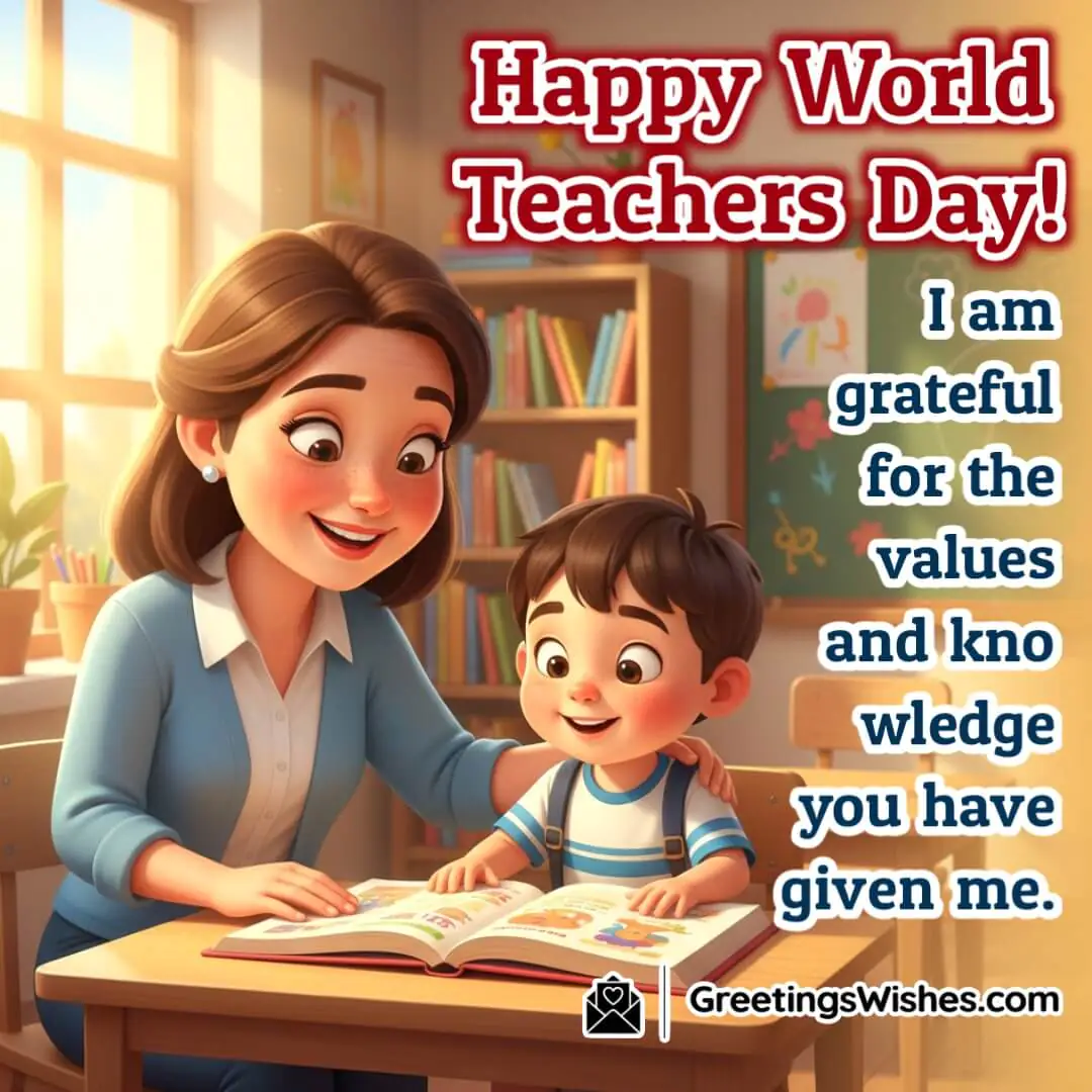 World Teachers Day image featuring teacher guiding a young student reading a book in warm morning light, symbolizing gratitude for wisdom and learning.