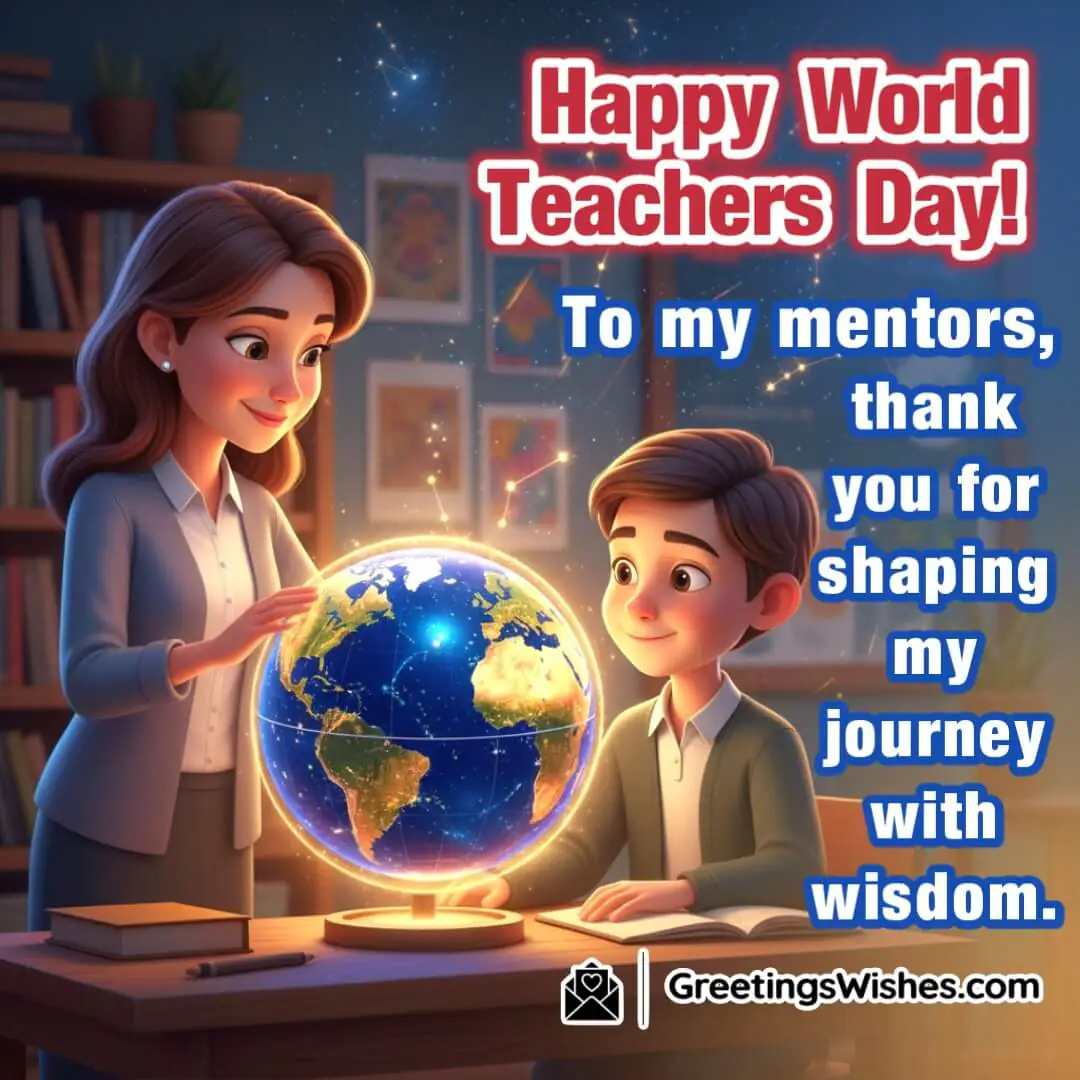World Teachers Day image featuring mentor guiding an older student with a glowing globe and star map, symbolizing wisdom, mentorship, and life guidance.