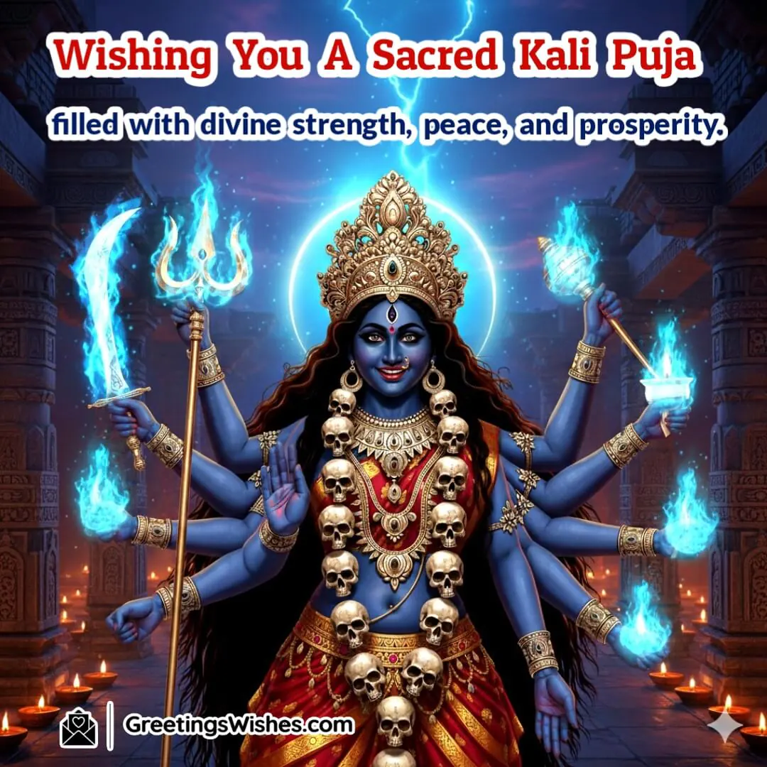 Kali Puja image featuring Goddess Kali standing on a glowing lotus pedestal surrounded by diyas and golden aura, symbolizing divine strength, peace, and prosperity.