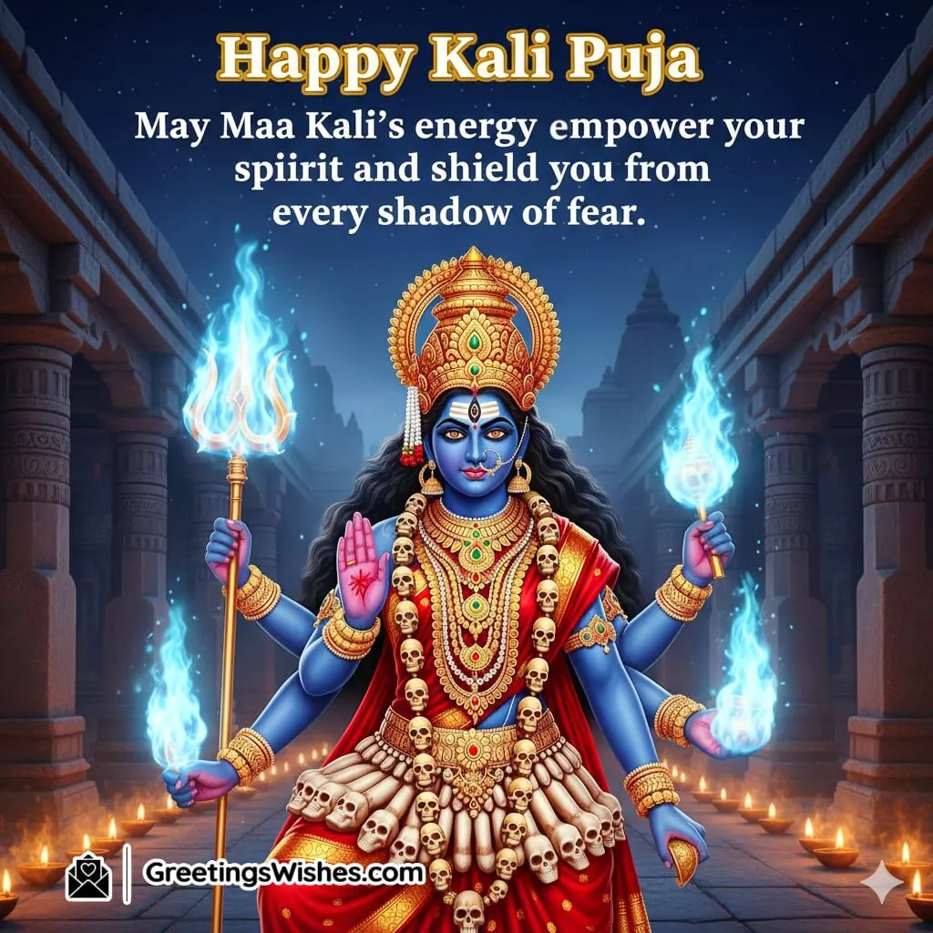 Kali Puja image featuring Goddess Kali holding a trident and sword glowing in blue light flames amid temple diyas and pillars, symbolizing divine energy, courage, and protection.