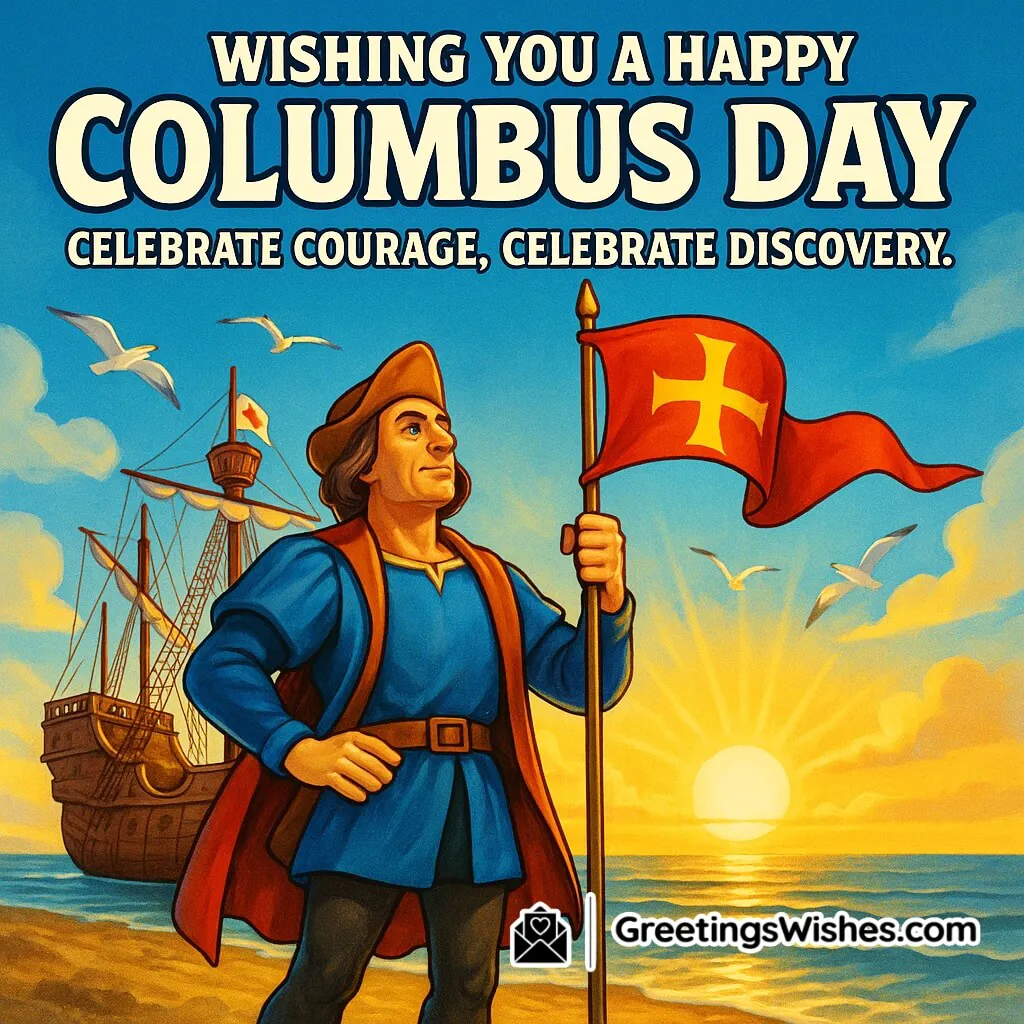 Happy Columbus Day image featuring an explorer standing beside a wooden ship at sunrise holding a flag with seagulls flying above, symbolizing courage and discovery.