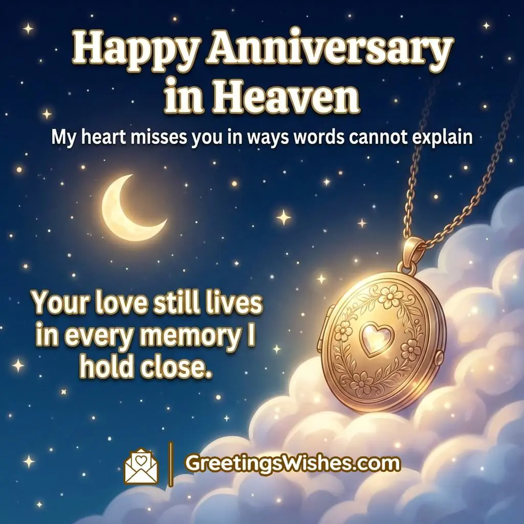 Happy Anniversary in Heaven image featuring a softly glowing memory locket placed on clouds beneath a midnight blue sky with subtle stars, symbolizing deep remembrance and timeless love.