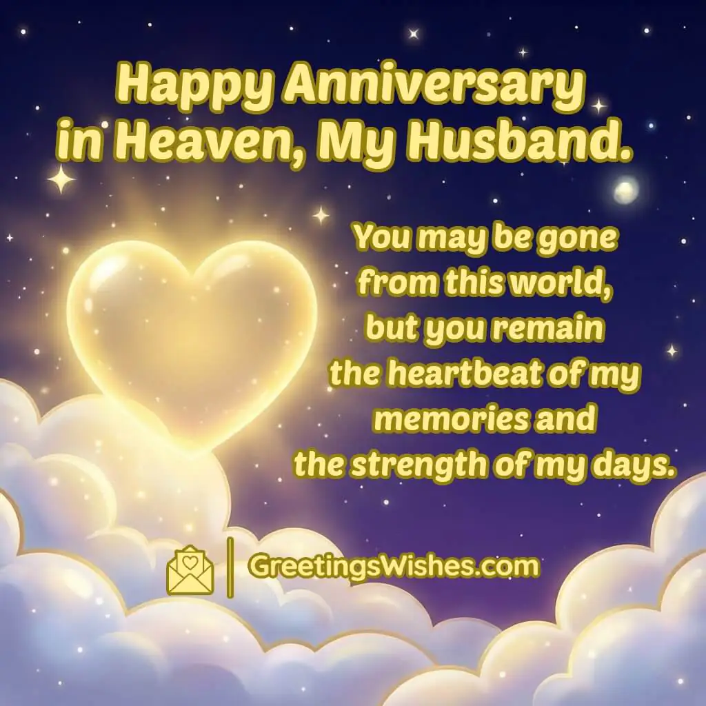 Happy Anniversary in Heaven image featuring a glowing heart-shaped aura above clouds with a rich navy purple sky and soft golden light, symbolizing heartfelt love for husband and lasting strength through memories.