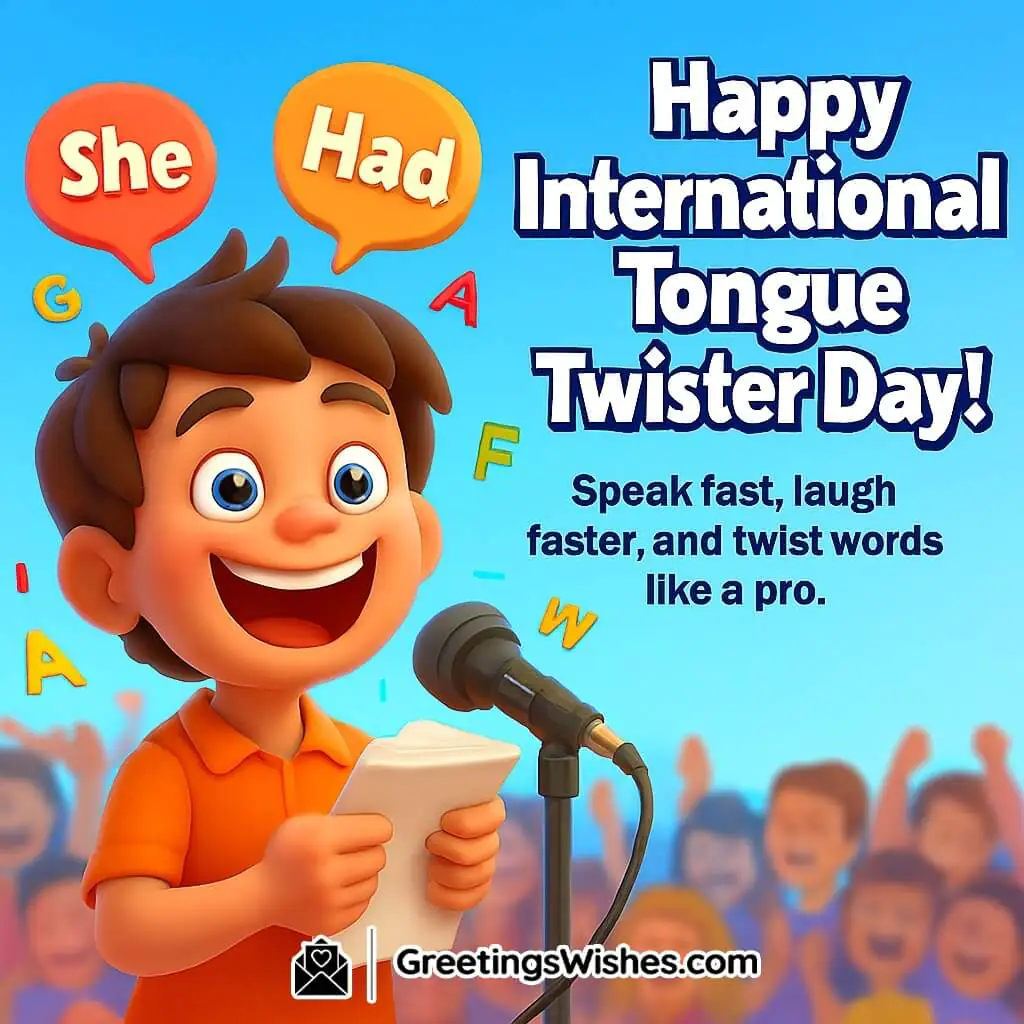 International Tongue Twister Day image featuring a young speaker laughing while practicing fast sentences on stage with colorful speech bubbles, symbolizing humor, playfulness, and fun communication.