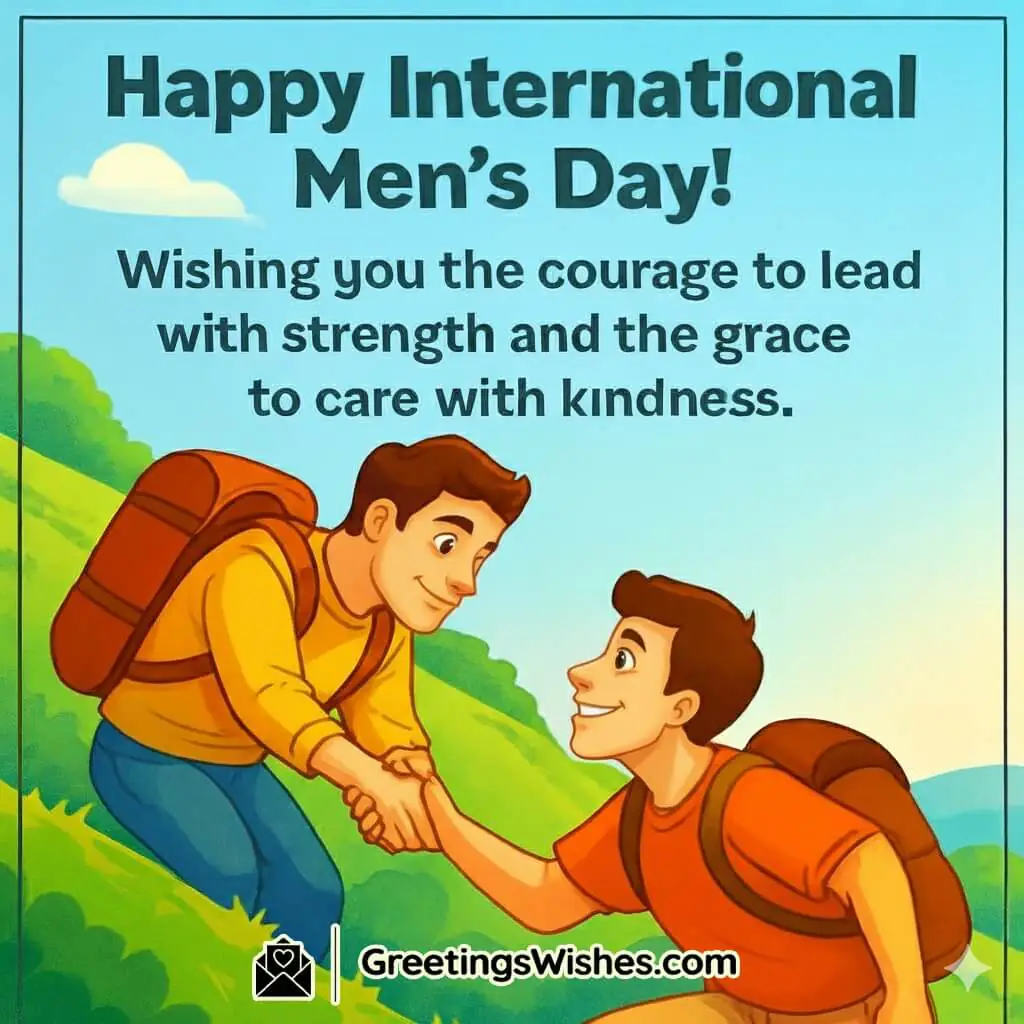 International Men’s Day image featuring a man helping another person climb a mountain trail under a bright morning sky, symbolizing leadership, kindness, and guidance.