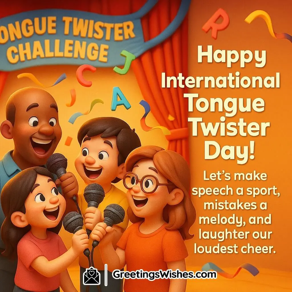 International Tongue Twister Day image featuring a group of kids and adults competing in a speech contest with playful alphabets floating in the air, symbolizing joy, fun, and lively expression.