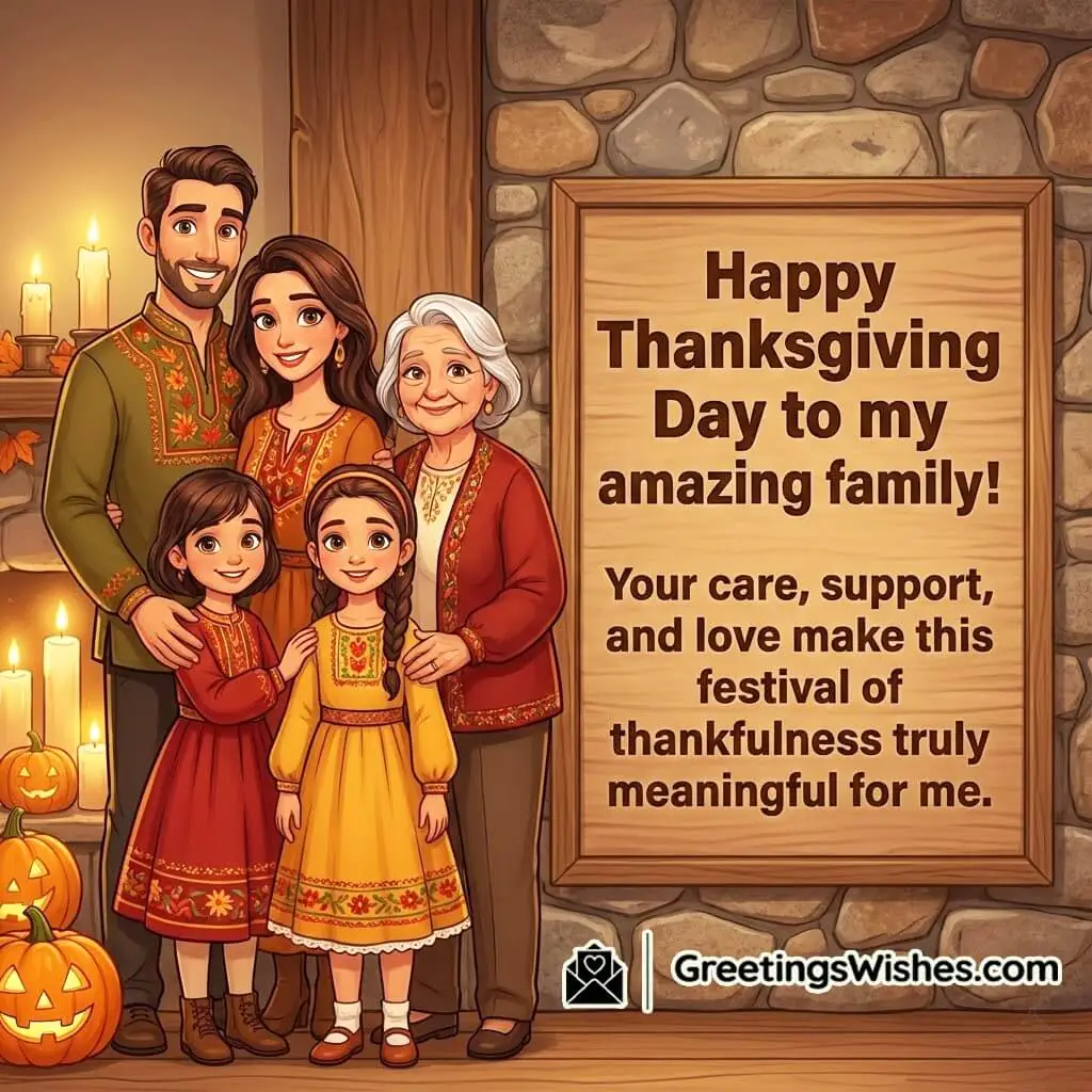 Thanksgiving image featuring a loving family standing close together with festive décor, symbolizing care, support, and meaningful thankfulness.