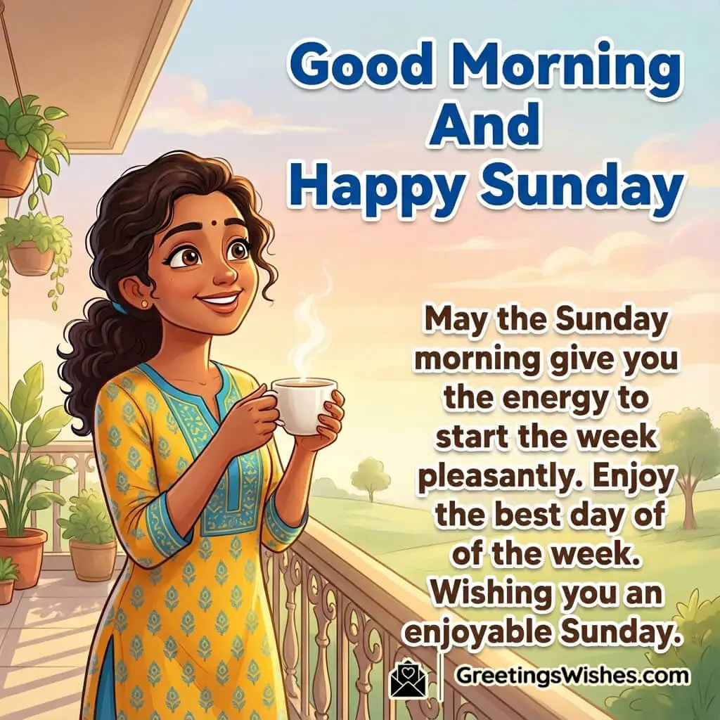 Good morning happy sunday image featuring a cheerful morning scene with soft sunlight, symbolizing freshness, motivation, and a pleasant start to the week.