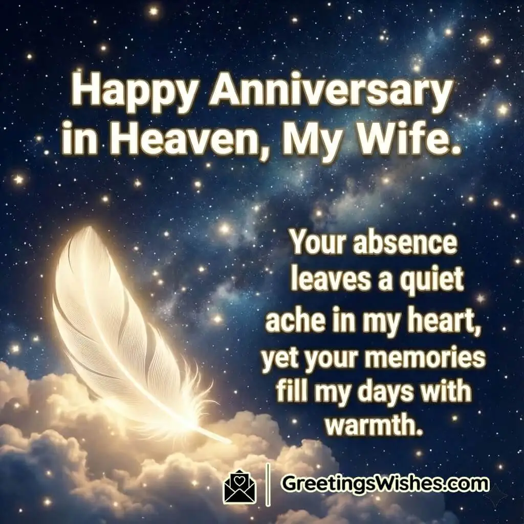 Happy Anniversary In Heaven Message For Wife image featuring a glowing feather resting on soft illuminated clouds under a dark starry sky symbolizing warm memories and quiet longing.