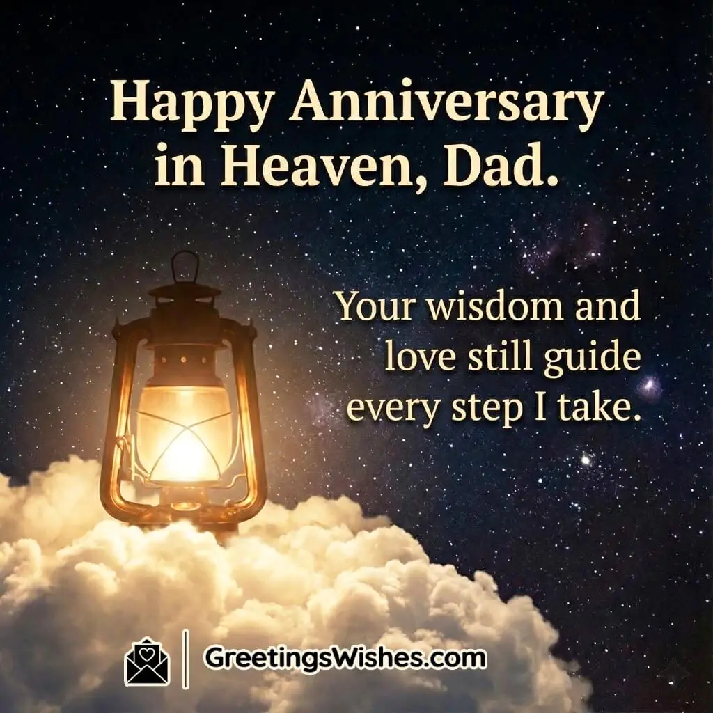 Happy Anniversary in Heaven Dad image featuring a softly glowing lantern on bright clouds against a deep navy sky symbolizing wisdom guidance and everlasting love.