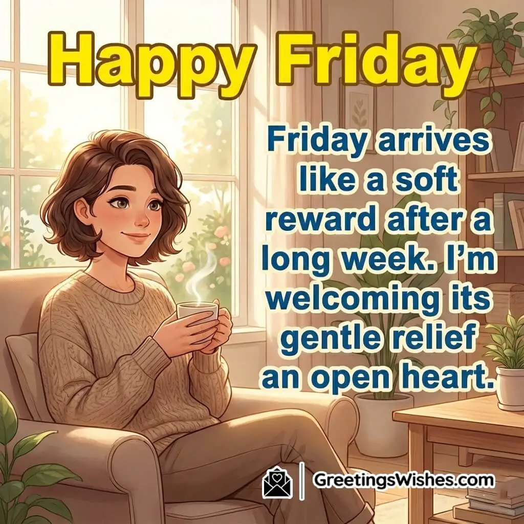 Happy Friday Caption Image featuring a quiet morning scene, symbolizing relief, rest, and emotional ease.