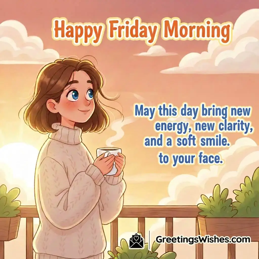 Happy Friday Morning Wish Image featuring a sunrise balcony scene, symbolizing clarity, freshness, and gentle hope.